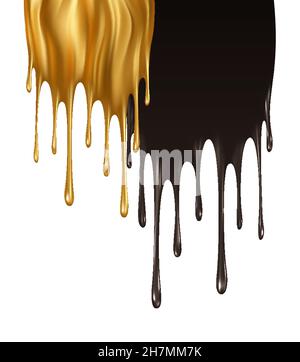 Realistische Gold- und Schwarzfarbe tropft isoliert auf weißem Hintergrund. Tropfende, fließende Schwarz- und Goldfarbe. Golden Fluid Flow Vektorgrafik Stock Vektor