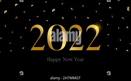 Luxuriöses und elegantes 2022 Happy New Year Design mit schwarzem und goldenem Hintergrund und Silvesterparty-Ornamenten. Vektorgrafik Stock Vektor