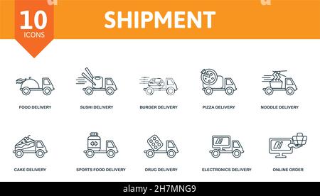 Symbol für Lieferung festgelegt. Sammlung von einfachen Elementen wie die Lebensmittelzustellung, Sushi-Lieferung, Burger-Lieferung, Pizza-Lieferung, Elektronik-Lieferung Stock Vektor