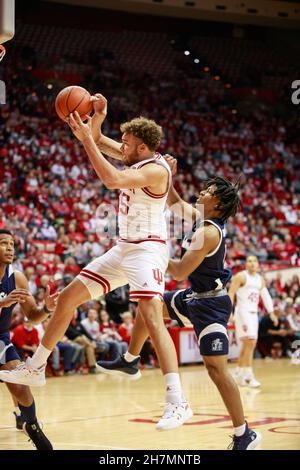 Bloomington, Usa. 23rd. November 2021. Der Indiana Hoosiers-Wächter Parker Stewart (C) spielt während des Basketballspiels der National Collegiate Athletic Association (NCAA) in Bloomington gegen Jackson State. IU schlug Jackson State 70:35. (Foto von Jeremy Hogan/SOPA Images/Sipa USA) Quelle: SIPA USA/Alamy Live News Stockfoto