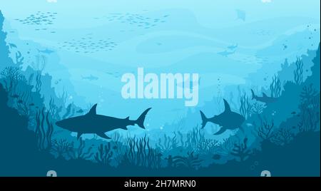 Unterwasserlandschaft mit Hummerkopfhaien, Mantarochen und Fischschule, Korallenriffen Silhouetten. Tiefsee Flora und Fauna, Meeresboden Leben oder dunkle s Stock Vektor