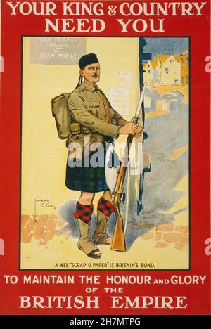 Ihr König und Land brauchen Sie, um die Ehre und den Ruhm des Britischen Imperium zu bewahren 1914 Britische Enlist Popaganda Stockfoto