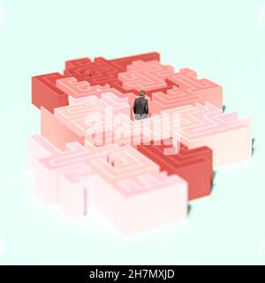 Mann verloren in einem rosa Labyrinth. 3D Rendermodelle