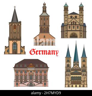 Deutschland Architektur, Köln und Bonn Reisen Wahrzeichen Gebäude, Vektor. Bonner Dom, St. Pantaleon Kirche, St. Ursula, Sankt Severin Basilika an Stock Vektor