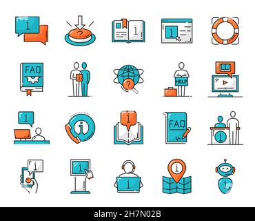 Informationen und Anweisungen, Anleitungen und Hilfe, Datenschutzrichtlinien und manuelle, dünne Linien-Symbole. Vektor-Chat-Blasen, Schaltfläche, offenes Buch und Rettungsring. FAQ, glob Stock Vektor