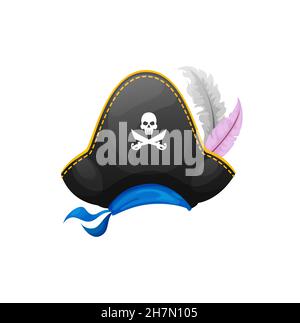 Piratenhut mit ruckligen roger Totenkopf mit gekreuzten Knochen, verziert mit Federn und blauer Bandana isolierter Matrosenmütze. Vector karibik Kapitän Kopfbedeckung, Ha Stock Vektor
