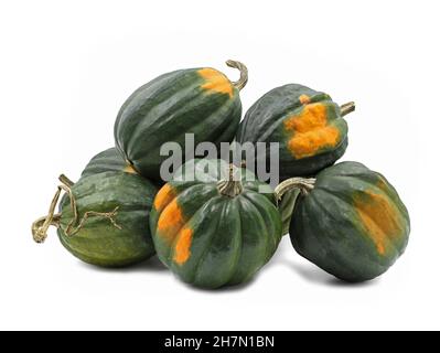 Stapel von Acorn Squash, Cucurbita pepo, Turbinata oder Pfefferkürbis isoliert auf weißem Hintergrund Stockfoto