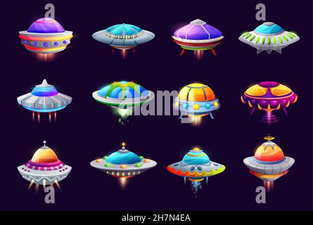 Cartoon Alien Raumschiffe und Galaxie Raumfahrzeuge, futuristische ufo und Raumschiff-Spiel Vermögenswerte. Vektor isolierte Untertassen, Fantasie-Shuttles ui Grafik-Spiel ein Stock Vektor