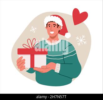 Mann in einem Weihnachtsmann Hut lächelt und hält Neujahr, weihnachtsgeschenk. Stock Vektor