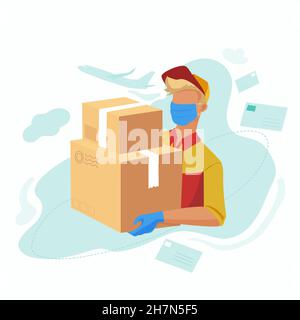 Der Postzustelldienst brachte die Pakete zu Ihnen nach Hause. Postbote mit medizinischer Maske und Handschuhen Stock Vektor