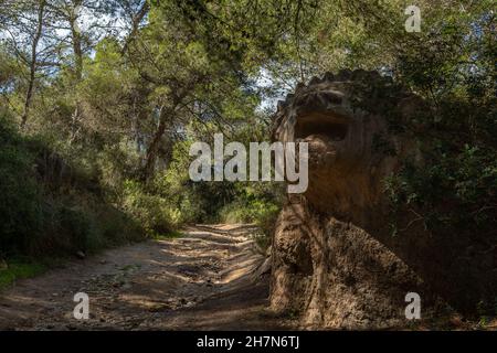 S'Horta, Spanien; 05 2021. oktober: Anonyme Skulptur namens Sa Lleona aus Ton und Stein, in einem mediterranen Pinienwald, in der mallorquinischen Stadt Stockfoto