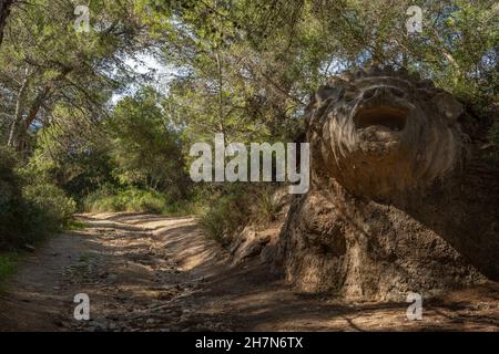 S'Horta, Spanien; 05 2021. oktober: Anonyme Skulptur namens Sa Lleona aus Ton und Stein, in einem mediterranen Pinienwald, in der mallorquinischen Stadt Stockfoto