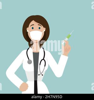 Eine Ärztin in einer medizinischen Maske hält eine Spritze mit einem Impfstoff in ihrer rechten Hand. Es ist Zeit für die Impfung. Stock Vektor