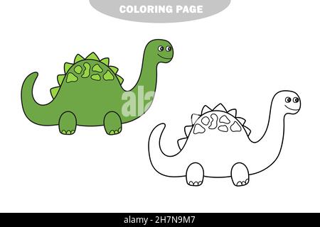 Einfache Malseite. Funny Dino, pädagogisches Spiel für Kinder im Vorschulalter mit einfacher Spielstufe, farblose Version. Farbe und schwarz-weiße Version Stock Vektor