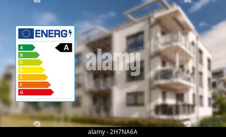 Grafik des EU-Energielabels vor dem Apartmentgebäude als Effizienzkonzept Stockfoto
