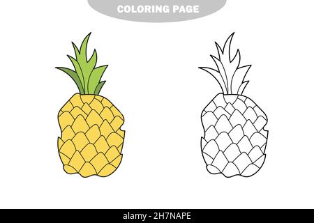 Einfache Malseite. Die Ananas zu färben. Malbuch, um Kinder zu erziehen. Lerne Farben. Visuelles Spiel. Farbe und schwarz-weiße Version Stock Vektor