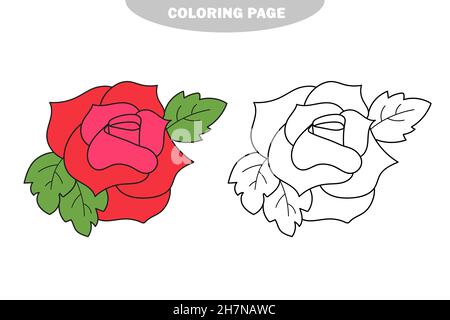Einfache Malseite. Schwarz-weiß handgezeichnete Darstellung von Rosen. Zum ausmalen für Kinder. Farbe und schwarz-weiße Version Stock Vektor