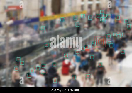 Gesichtserkennungszeichen und Markierungen auf Gesichtern von Personen. Datenschutz und Schutz personenbezogener Daten. Stockfoto