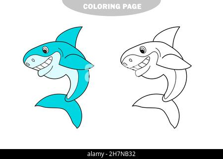Einfache Malseite. Schwarz-Weiß-Cartoon-Vektor-Illustration von Hai Fisch Meerleben Tier für Malbuch. Farbe und schwarz-weiße Version Stock Vektor