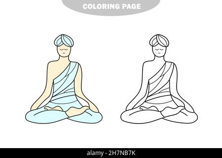Einfache Malseite. Malbild des Cartoon-Yogi-Mannes, der in einer Yoga-Pose meditiert. Aktivitäten für Kinder. Farbe und schwarz-weiße Version Stock Vektor