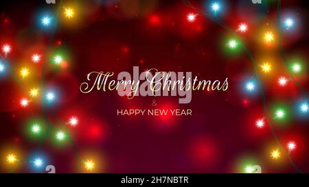 Frohe Weihnachten und frohe Festtage Grußkarte. Farbenfrohe weihnachtslichter. Strahlende Weihnachtsgirlande. Goldene Schriftzüge. Glühende Lichter auf der roten Rückseite Stock Vektor