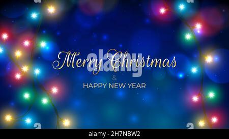 Frohe Weihnachten und frohe Weihnachten Grußkarte. Farbenfrohe weihnachtslichter. Leuchtende Weihnachtsgirlande. Goldene Schriftzüge. Leuchtet blau auf Stock Vektor
