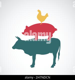Vector Gruppe von Tierfarm Label - Kuh, Schwein, Huhn. Leicht editierbare Vektorgrafik mit Ebenen. Tiere. Stock Vektor