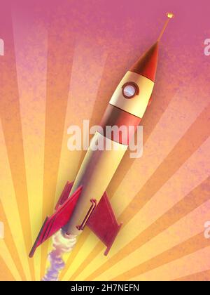 Rocket mit Retro-Design, das auf einem warmen, farbigen Hintergrund aufgeht. Digitale Illustration. Stockfoto