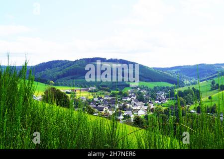 Landschaft im Sauerland bei Oberhenneborn. Panoramablick auf die grüne Natur mit Hügeln und Wäldern. Stockfoto