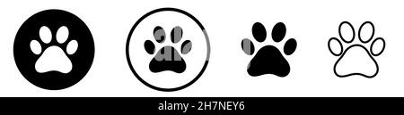 Paw-Symbole eingestellt. Paw-Vektor-Druckschild und -Symbol. Logo „Animal Tracks“. Flacher und liniverer Kunststil. Vektorgrafik Stock Vektor