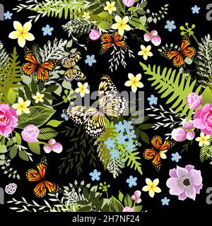 Schöne nahtlose Hintergrund mit verschiedenen Blumen. Textur mit Schmetterlingen. Dunkler Hintergrund. Vektorgrafik Stock Vektor