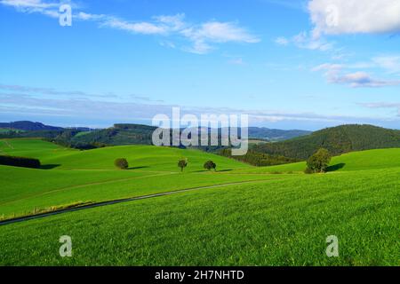 Landschaft im Sauerland bei Oberhenneborn. Panoramablick auf die grüne Natur mit Hügeln und Wäldern. Stockfoto