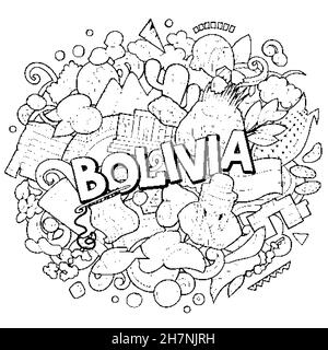 Bolivien handgezeichnete Cartoon Doodle Illustration. Lustiges bolivianisches Design. Kreativer Vektorhintergrund. Handgeschriebener Text mit lateinamerikanischen Elementen und o Stock Vektor