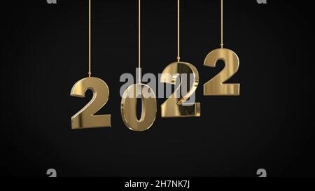 Happy 2022 Neujahr glänzende goldene Zahlen hängen auf Saiten isoliert auf schwarz 3D Illustration Stockfoto