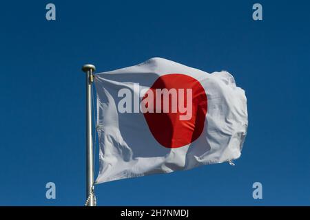 Japanische Flagge, bekannt als Hinomaru, der auf einem Fahnenmast in Kanagawa, Japan, fliegt. Stockfoto