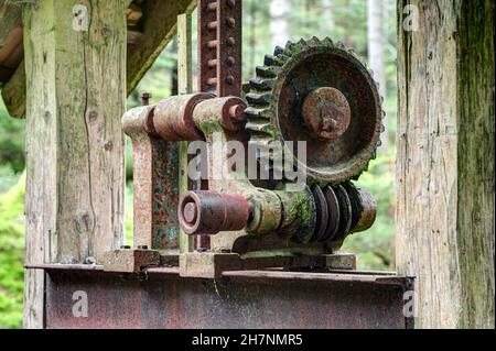 Altes Schneckengetriebe auf einem Wehr. Das mehrzahige Einrücken der Schnecke im Schneckenrad sorgt für eine sehr hohe Kraftübertragung und Belastbarkeit. Stockfoto