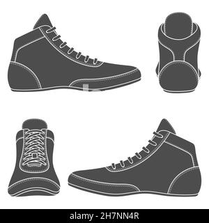 Set mit schwarz-weißen Illustrationen mit Wrestling-Schuhen, Sportschuhen. Isolierte Vektorobjekte auf weißem Hintergrund. Stock Vektor