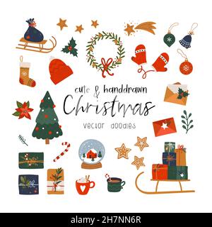 Niedliche handgezeichnete Weihnachtselemente, Sammlung von Artikeln, Doodle, Skizze, ideal für die Dekoration, Drucken, Karten, Tapeten - Vektor-Design Stock Vektor