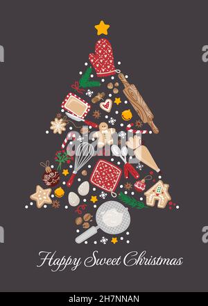 Küche und Weihnachten Elemente in Weihnachtsbaum Form Zusammensetzung. Vektor-Illustration auf weißem Hintergrund mit Küchenutensilien, Nudelholz, Cookies Stock Vektor