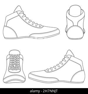 Set mit schwarz-weißen Illustrationen mit Wrestling-Schuhen, Sportschuhen. Isolierte Vektorobjekte auf weißem Hintergrund. Stock Vektor