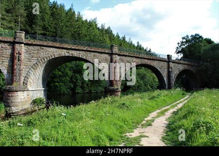 Neidpath Viadukt über den Fluss Tweed im Sommer. (Peebles, Schottland) Stockfoto