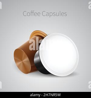 Kaffee in Kapseln für Espresso Maschine. Vector Kaffeepads. Auf hellem Hintergrund. Stock Vektor