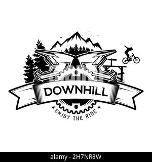 Mountainbike-Touren. Das Emblem des Fahrrads und der Berge. Konzept für Hemd oder Logo, Print, Stempel oder T-Shirt. Vektorgrafik. Stock Vektor