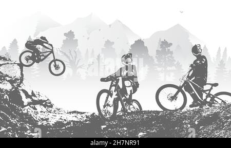 Downhillmountai Bike-Freeride und Enduro Illustration. Fahrradhintergrund mit Silhouette von Downhillfahrern im Berg. Stock Vektor