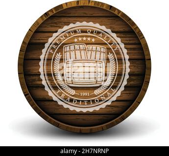 Seitenansicht eines Holzfasses. Alte Holzstruktur. Fass zum Altern von Bier und Wein. Runde Bierachtervorlage. Stock Vektor