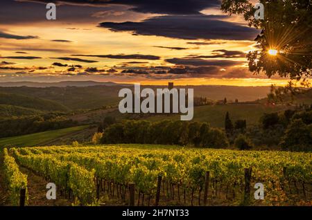 TAVARNELLE VAL DI PESA FIRENZONE, ITALIEN - 25. Okt 2021: badia a Passignano im Chianti-Gebiet der Toskana, Gegenlicht bei Sonnenuntergang Stockfoto