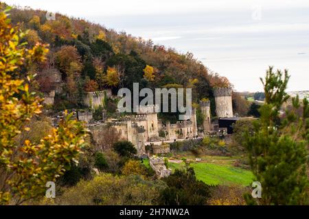 Teleansicht von Gwrych Castle eine Woche bevor ich ein Promi bin, hol mich hier raus 2021. Umgeben von herbstlichen Bäumen Stockfoto