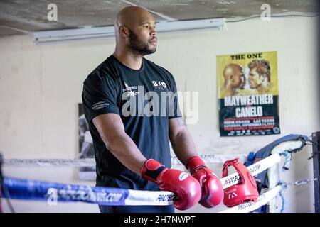 11/03/21, England. Der britische Superschwergewicht-Boxer Frazer Clarke bei der South Derbyshire Boxing Academy in Swadlincote im Vereinigten Königreich. Stockfoto