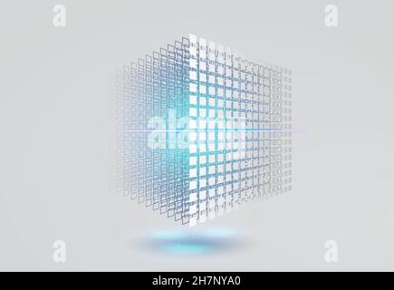 Big-Data-Würfel. 3D geometrischer Würfel aus kleinen Stücken. Vektorilustration. Stock Vektor