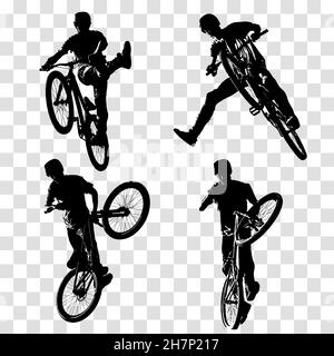 Abbildung zum Springen von Schmutz. Trick Biker Silhouette isoliert auf transparentem Hintergrund. Radfahrer springen und Trick auf dem Fahrrad. Stock Vektor